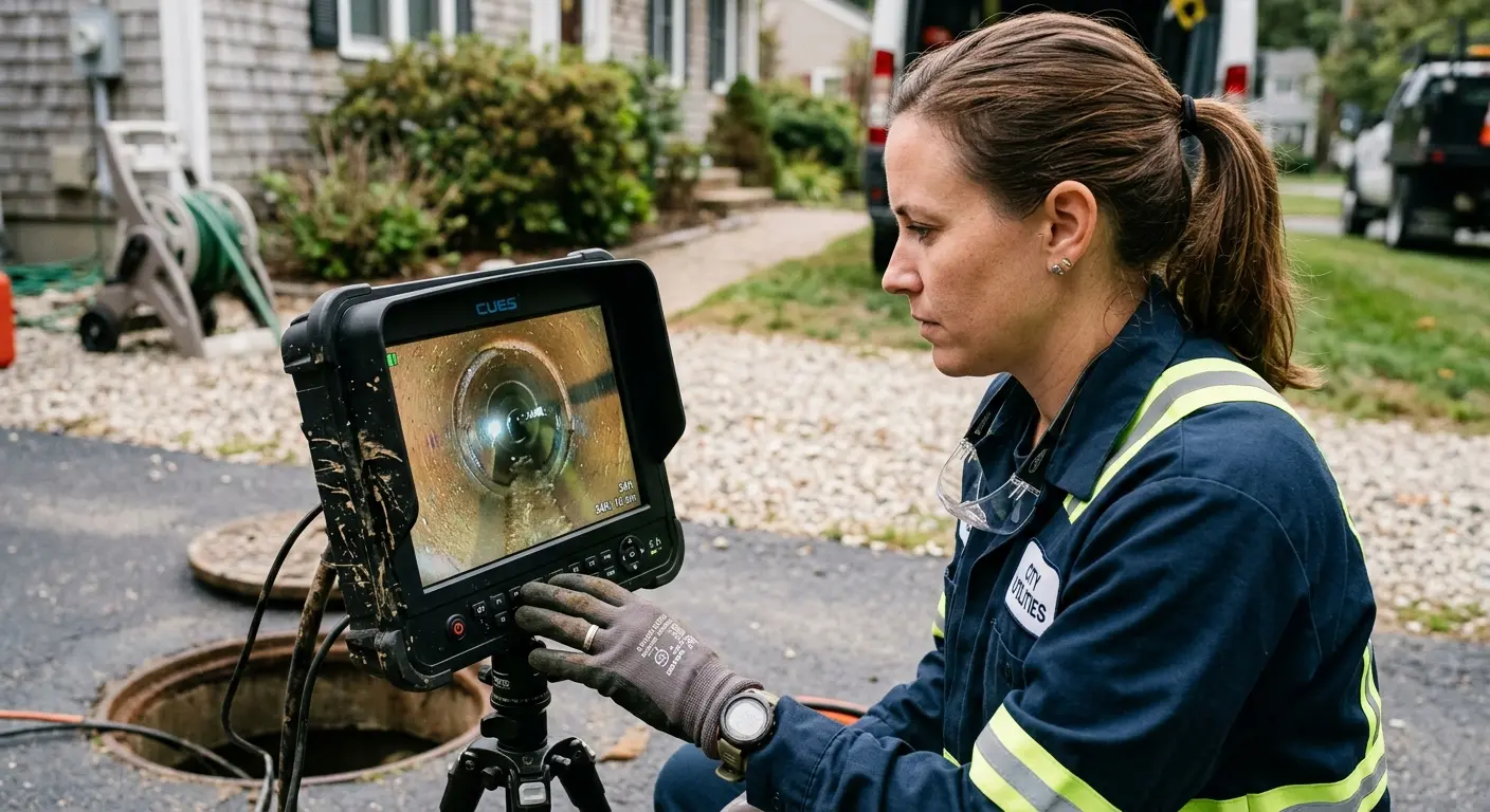 Technician reviewing sewer camera inspection footage in Tucson Estates