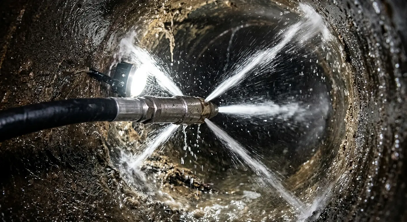 High-pressure hydro jetting nozzle cleaning sewer pipe for Storm Drain Cleaning in Tucson Estates