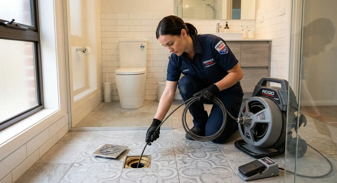 Technician clearing a bathroom floor drain for Sewer Line Installation in Tucson Estates